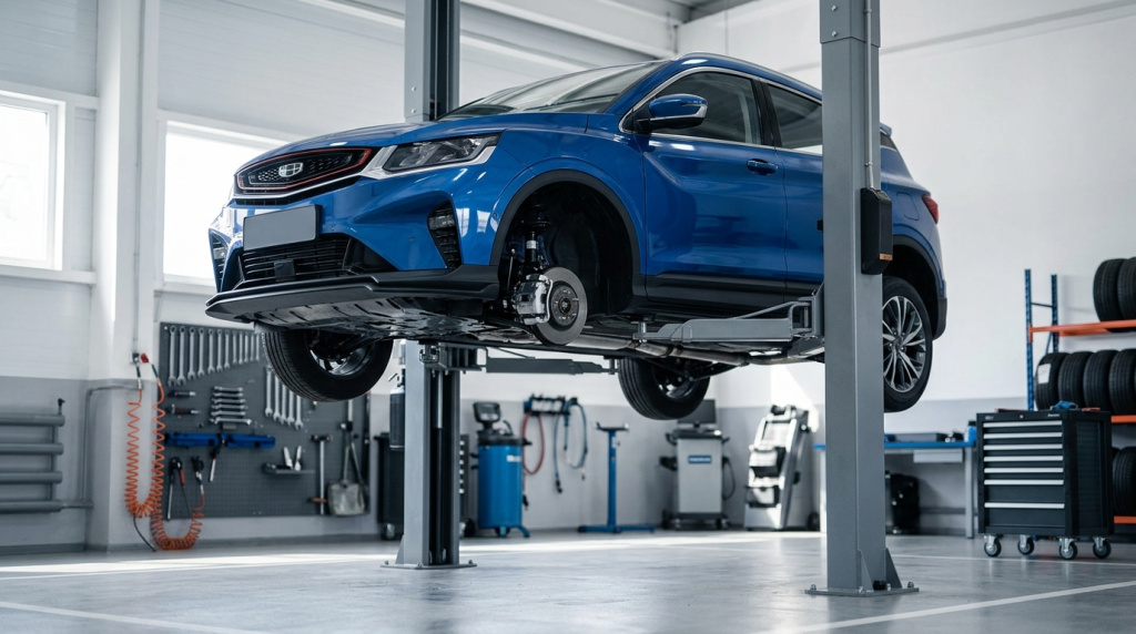 Осмотр автомобиля Geely после большого пробега Geely на подъёмнике